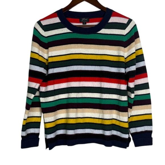 J. Crew Cashmere Striped Long Sleeve Crew Neck Sweater Cardigan M Red Green Blue - Picture 2 of 15